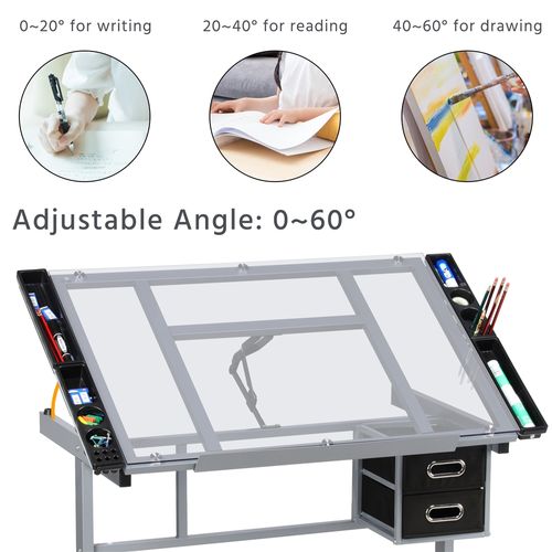 Table à Dessin Inclinable Avec 2 Tiroirs Et Grand Plan De Travail Relevable 0°-60°, Noir