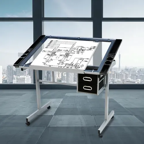 Table à Dessin Inclinable Avec 2 Tiroirs Et Grand Plan De Travail Relevable 0°-60°, Noir