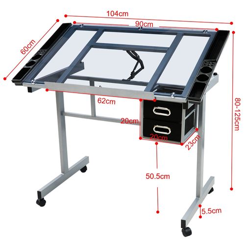 Table à Dessin Inclinable Avec 2 Tiroirs Et Grand Plan De Travail Relevable 0°-60°, Noir