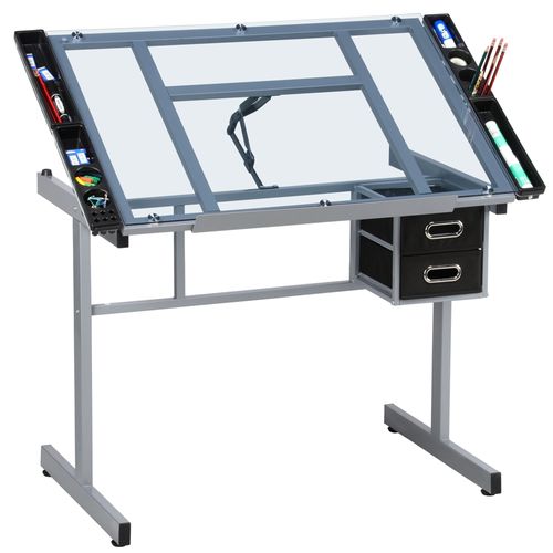 Table à Dessin Inclinable Avec 2 Tiroirs Et Grand Plan De Travail Relevable 0°-60°, Noir