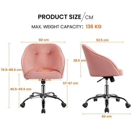 Chaise De Bureau Scandinave ROSE Velours à Roulettes Reglable Hauteur D Assise 40 49 5cm