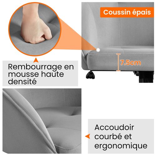 Chaise Dactylo En Velours à Roulettes Réglable En Hauteur, Gris Clair