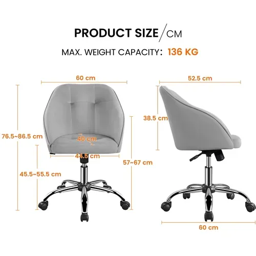 Chaise Dactylo En Velours à Roulettes Réglable En Hauteur, Gris Clair