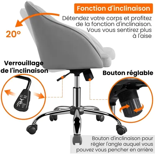Chaise Dactylo En Velours à Roulettes Réglable En Hauteur, Gris Clair