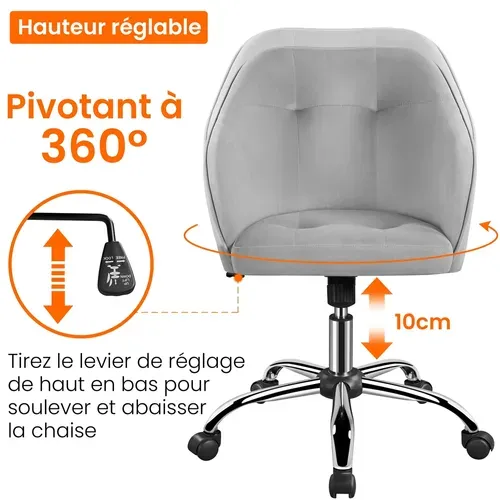 Chaise Dactylo En Velours à Roulettes Réglable En Hauteur, Gris Clair