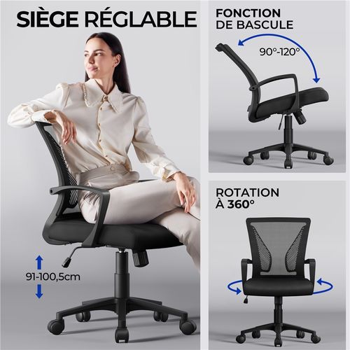 Fauteuil De Bureau En Maille à Roulettes Charge 125 Kg Noir