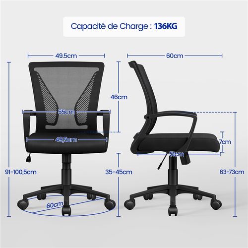 Fauteuil De Bureau En Maille à Roulettes Charge 125 Kg Noir