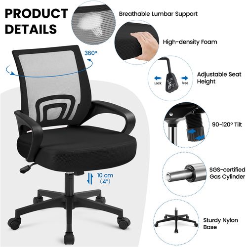 Chaise De Bureau à Roulettes 360°avec Accoudoirs Noir