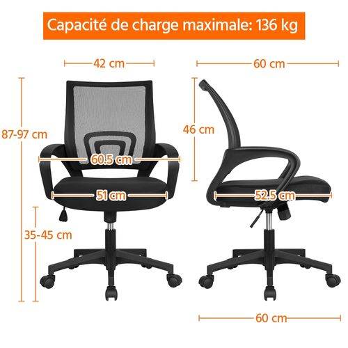 Chaise De Bureau à Roulettes 360°avec Accoudoirs Noir