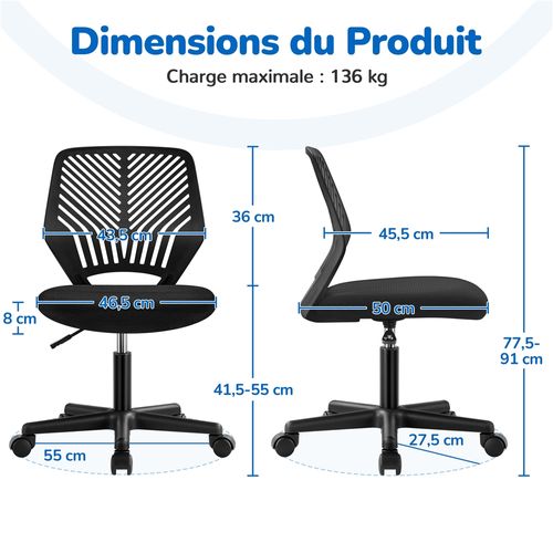 Fauteuil D'ordinateur Fonction Réglable,chaise De Bureau, Ergonomique,pivotant, Charge De 136kg Noir
