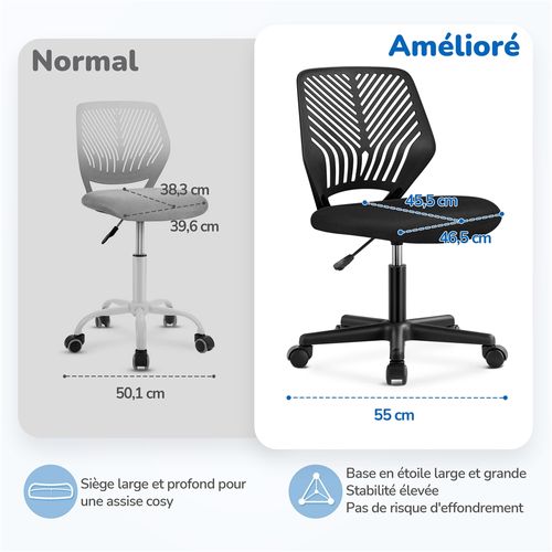 Fauteuil D'ordinateur Fonction Réglable,chaise De Bureau, Ergonomique,pivotant, Charge De 136kg Noir