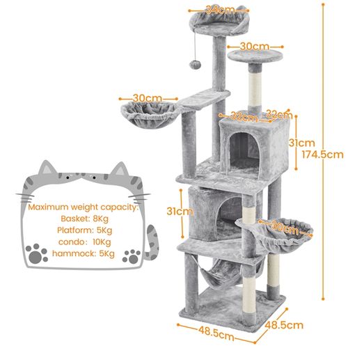 Arbre À Chat Géant Hauteur 175 Cm Avec 2 Plate-formes Perchés