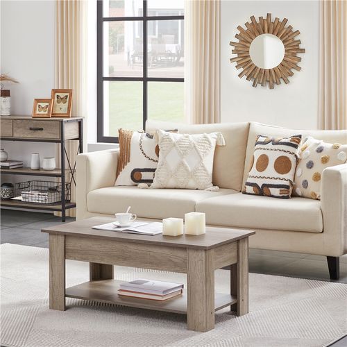 Table Basse Relevable Table De Salon Rectangulaire Avec Etagère Rangement Gris