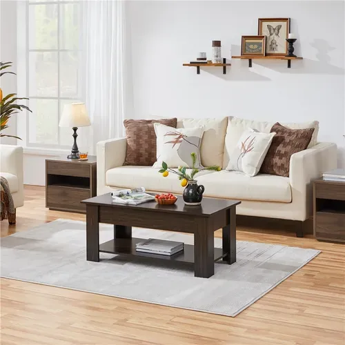 Table Basse Relevable Table De Salon Rectangulaire Avec Etagère Rangement Marron