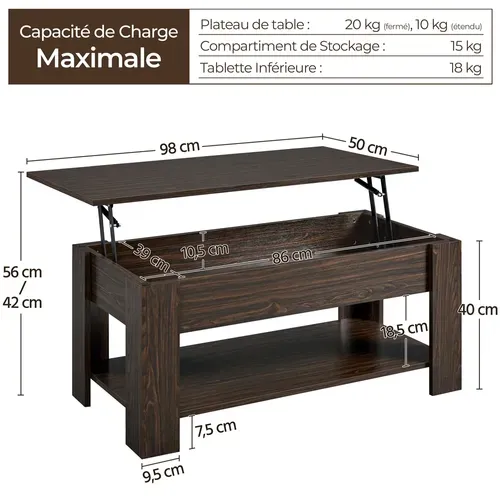 Table Basse Relevable Table De Salon Rectangulaire Avec Etagère Rangement Marron
