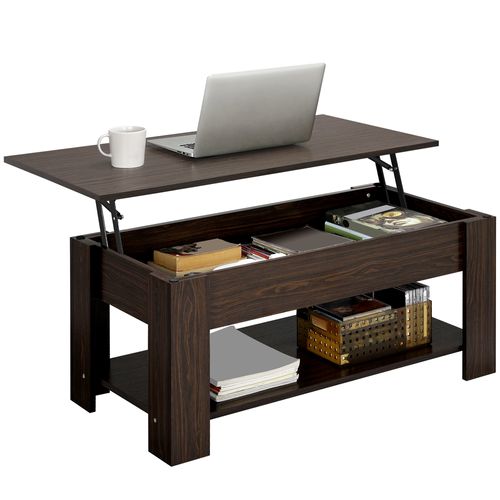 Table Basse Relevable Table De Salon Rectangulaire Avec Etagère Rangement Marron