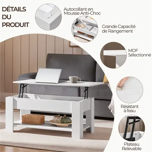 Table Basse Relevable Table De Salon Rectangulaire Avec Etagère Rangement Blanche