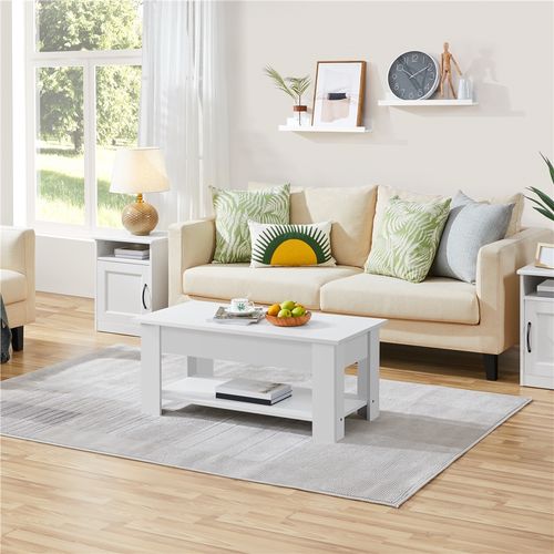 Table Basse Relevable Table De Salon Rectangulaire Avec Etagère Rangement Blanche