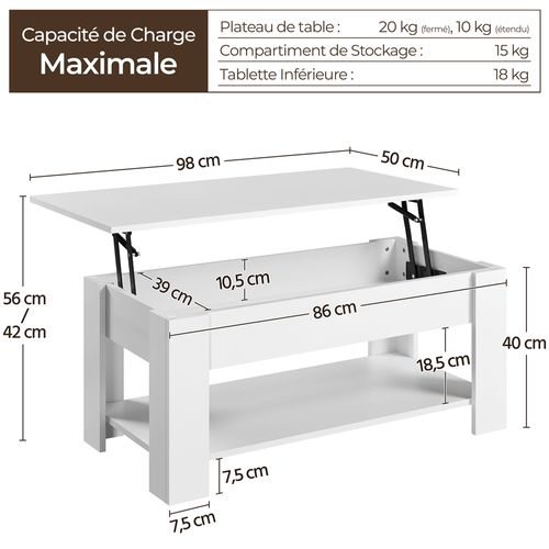 Table Basse Relevable Table De Salon Rectangulaire Avec Etagère Rangement Blanche