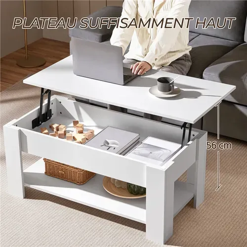 Table Basse Relevable Table De Salon Rectangulaire Avec Etagère Rangement Blanche