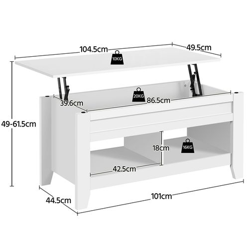 Table De Basse Relevable Extensible, Table De Salon Fonctionnelle, 104 X 49 X 62 Cm Blanc