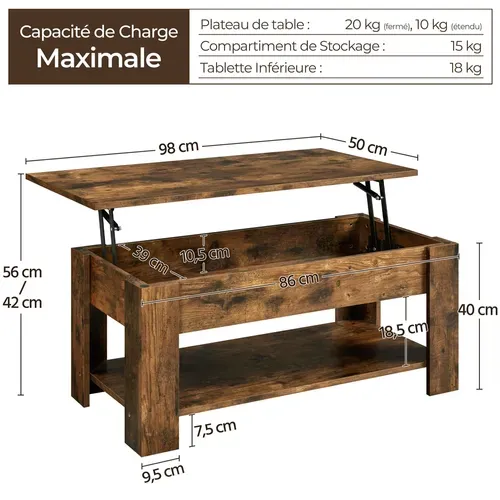 Table Basse Relevable Table De Salon Rectangulaire Avec Etagère Rangement Brun Rustique