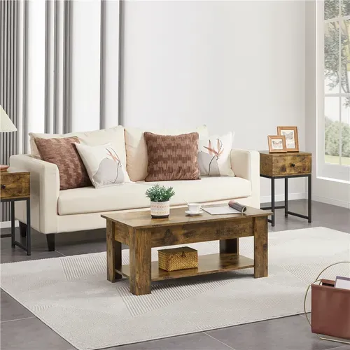 Table Basse Relevable Table De Salon Rectangulaire Avec Etagère Rangement Brun Rustique