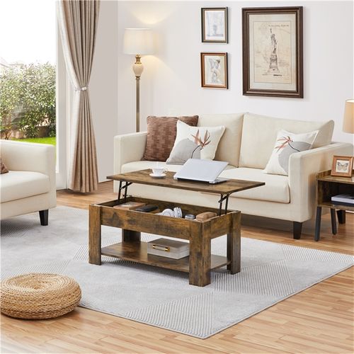 Table Basse Relevable Table De Salon Rectangulaire Avec Etagère Rangement Brun Rustique