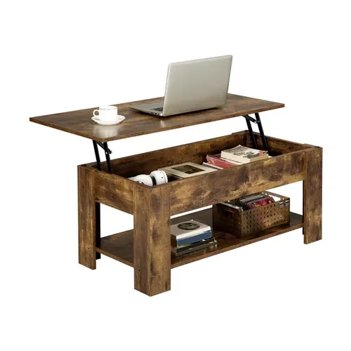 Table Basse Relevable Table De Salon Rectangulaire Avec Etagère Rangement Brun Rustique