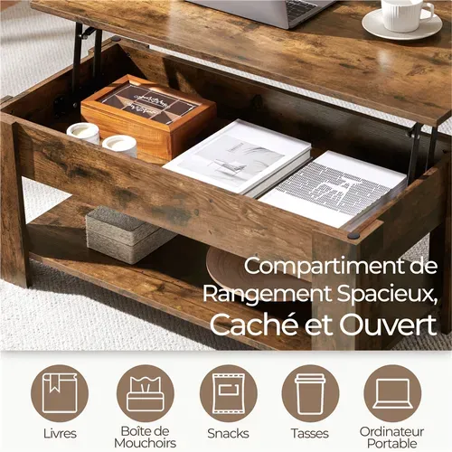 Table Basse Relevable Table De Salon Rectangulaire Avec Etagère Rangement Brun Rustique