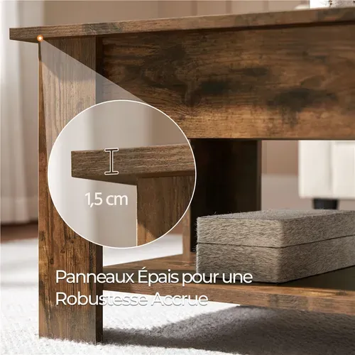 Table Basse Relevable Table De Salon Rectangulaire Avec Etagère Rangement Brun Rustique
