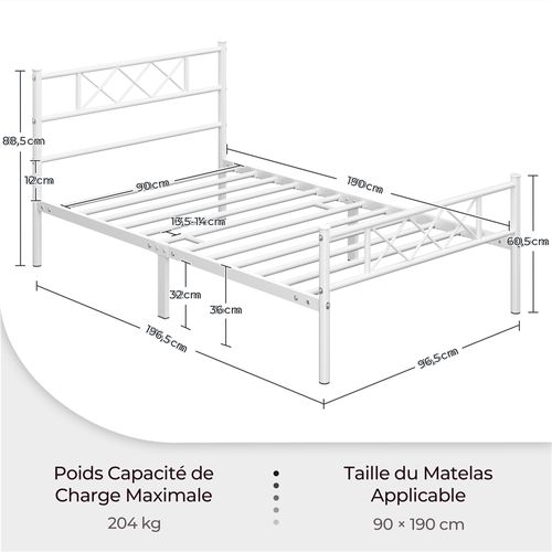 Cadre De Lit Simple Lit En Métal 90x190 Cm Blanc