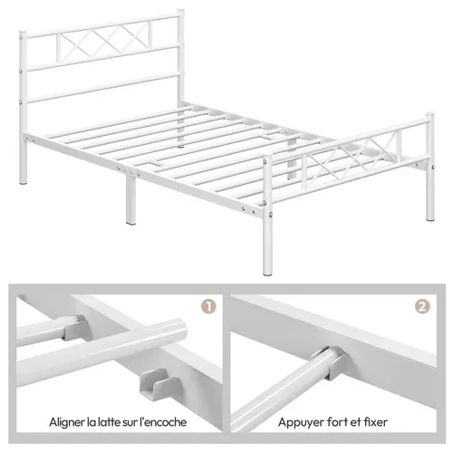 Cadre De Lit Simple Lit En Métal Blanc 90x200 cm
