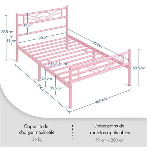 Lit Simple Cadre De Lit 90 X 200 Cm En Métal Rose