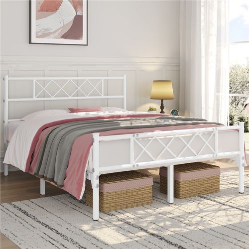 Cadre De Lit Double Lit En Métal Pour Adultes 140x200 Cm Blanc