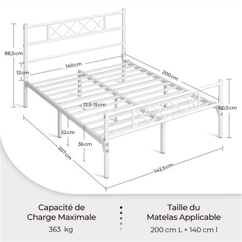 Cadre De Lit Double Lit En Métal Pour Adultes 140x200 Cm Blanc