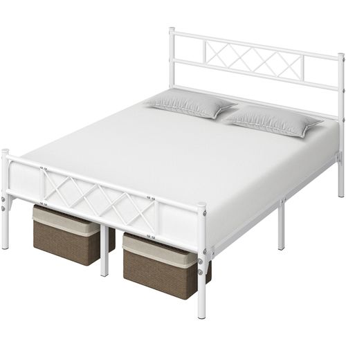 Cadre De Lit Double Lit En Métal Pour Adultes 140x200 Cm Blanc