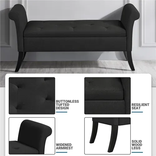 Banquette Banc De Rangement Sur Pieds Avec Accoudoirs Assise Rembourrée Pour Salon Chambre, Noir