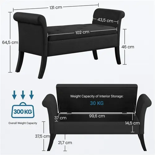 Banquette Banc De Rangement Sur Pieds Avec Accoudoirs Assise Rembourrée Pour Salon Chambre, Noir