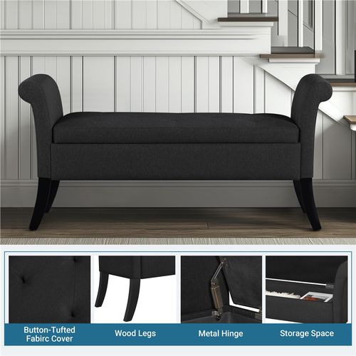Banquette Banc De Rangement Sur Pieds Avec Accoudoirs Assise Rembourrée Pour Salon Chambre, Noir