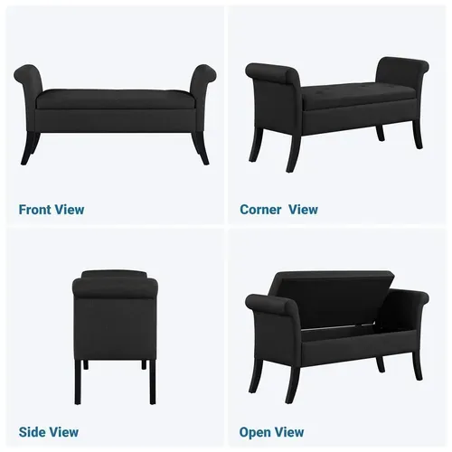 Banquette Banc De Rangement Sur Pieds Avec Accoudoirs Assise Rembourrée Pour Salon Chambre, Noir