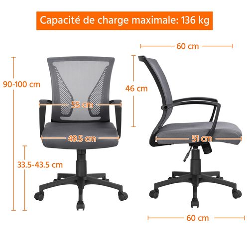 Fauteuil De Bureau Ergonomique Chaise De Bureau En Maille à Roulettes Gris Foncé