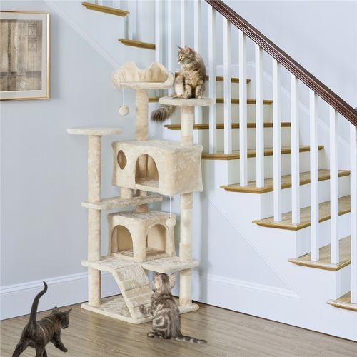 Arbre à Chat Avec 2 Niches Multi-niveaux Hauteur 137cm Idéal Pour 3-4 Chats