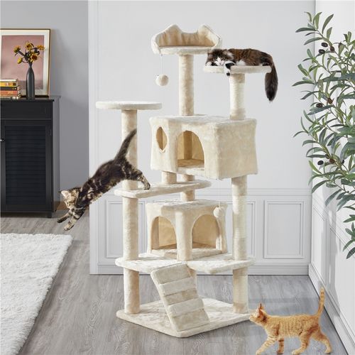 Arbre à Chat Avec 2 Niches Multi-niveaux Hauteur 137cm Idéal Pour 3-4 Chats