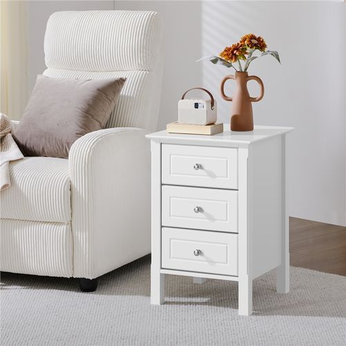 Table De Chevet Bois Blanc Avec 3 Tiroirs Bout De Canapé 40 X 40 X 60 Cm