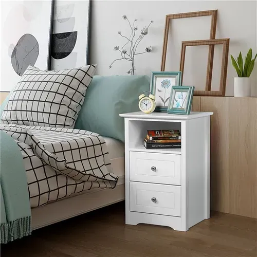 Table De Chevet Blanche, Table De Nuit En Bois, 40 X 35 X 60 Cm, 2 Tiroirs Blanc