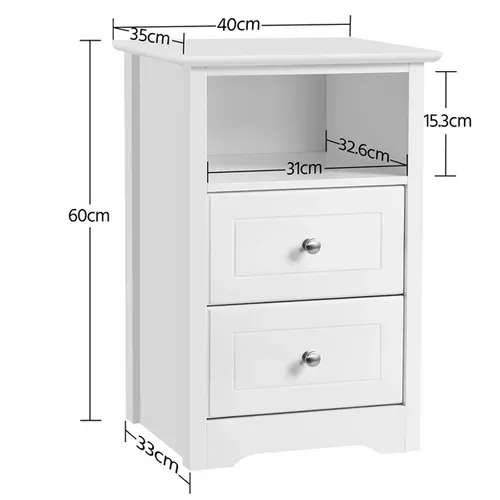 Table De Chevet Blanche, Table De Nuit En Bois, 40 X 35 X 60 Cm, 2 Tiroirs Blanc