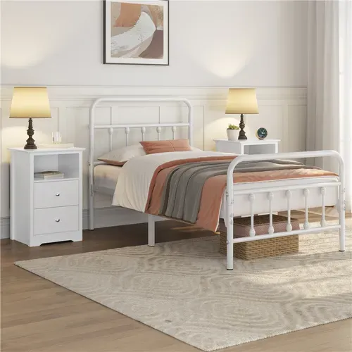 Table De Chevet Blanche, Table De Nuit En Bois, 40 X 35 X 60 Cm, 2 Tiroirs Blanc