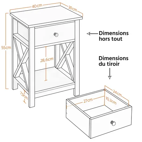 Lot De 2 Tables De Chevet En Bois, Table De Nuit Adulte, 1 Tiroir