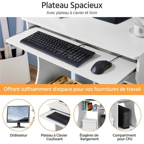 Meuble Bureau Droit Informatique Pour Ordinateur à Roulettes Blanc